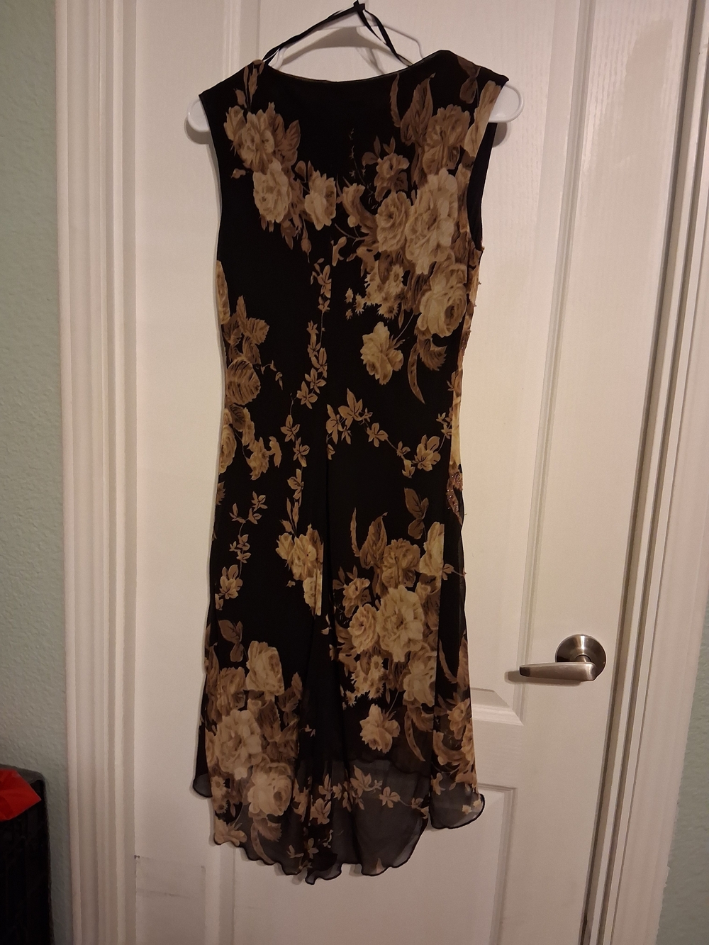 Sleeveless Vintage Black Asymmetrical Dress with Beaded Beige Floral Print.